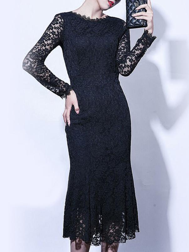Romwe Navy Round Neck Long Sleeve Backless Lace Dress