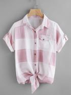 Romwe Check Plaid Knotted Hem Shirt
