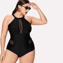 Romwe Plus Mesh Panel High Neck Swimsuit