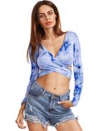 Romwe Blue V Neck Crisscross Tie Crop T-shirt