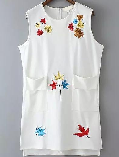 Romwe Dip Hem With Pockets Embroidered White Dress