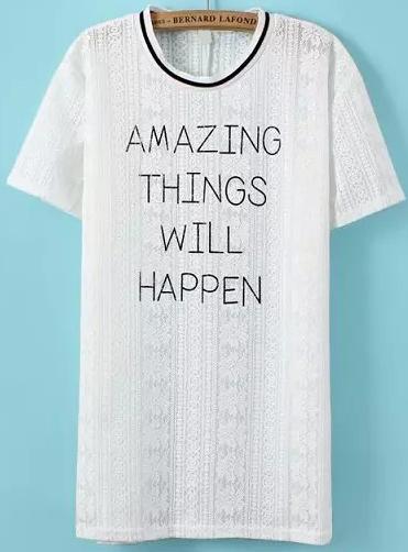 Romwe Letter Print Lace White T-shirt