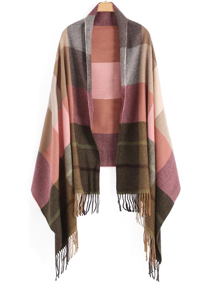 Romwe Plaid Patchwork Tassel Scarf