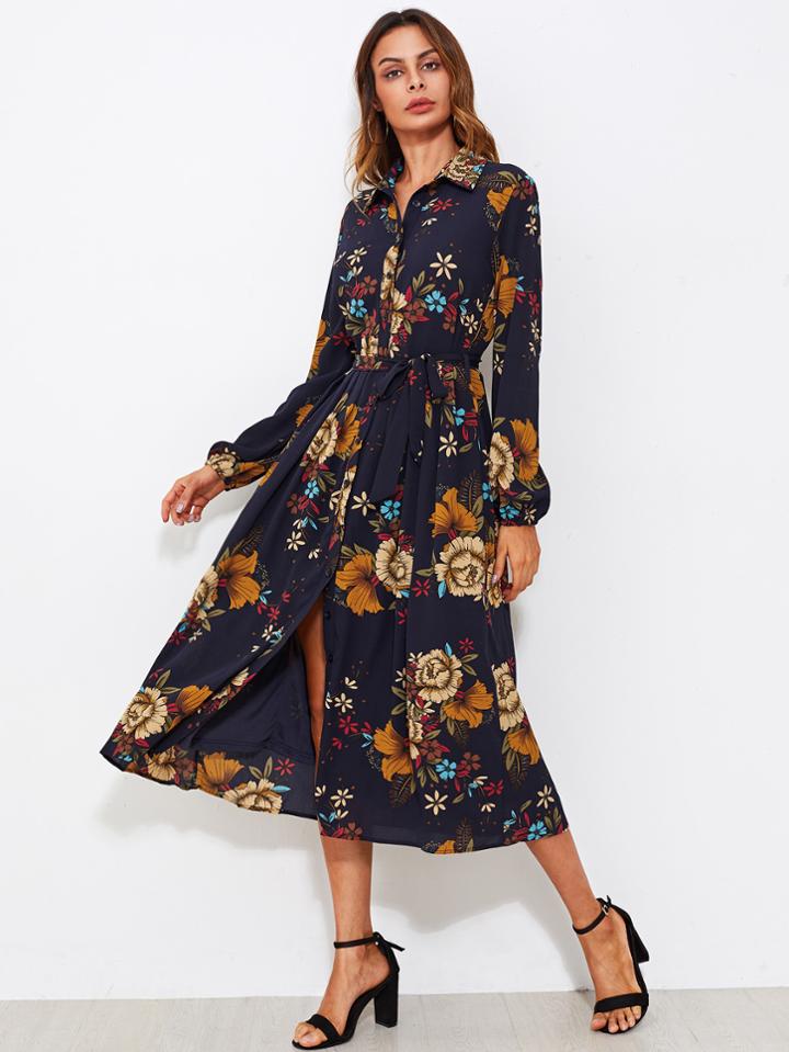 Romwe Self Tie Fit & Flare Botanical Shirt Dress