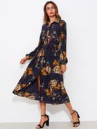 Romwe Self Tie Fit & Flare Botanical Shirt Dress
