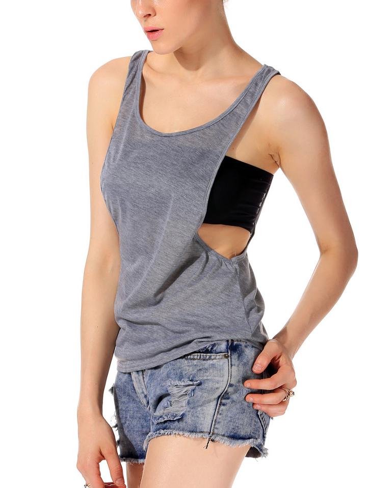 Romwe Women Grey Scoop Neck Cut Out Side Vest