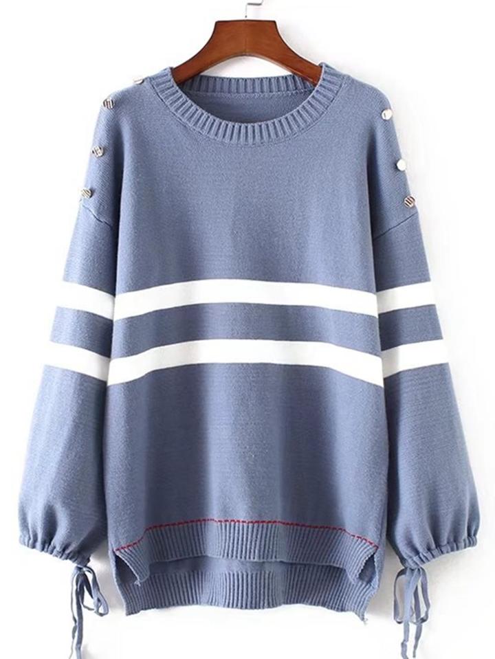 Romwe Button Embellished Striped Detail Sweater