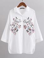 Romwe White Floral Embroidery Dip Hem Blouse