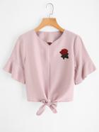 Romwe Rose Patch Knot Front Blouse