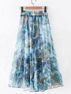 Romwe Blue Elastic Waist Flower Print Chiffon Flare Skirt