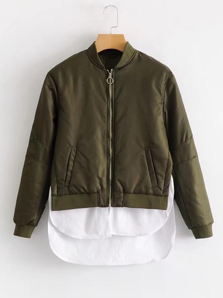 Romwe 2 In 1 Dolphin Hem Quilted Bomber Jacket