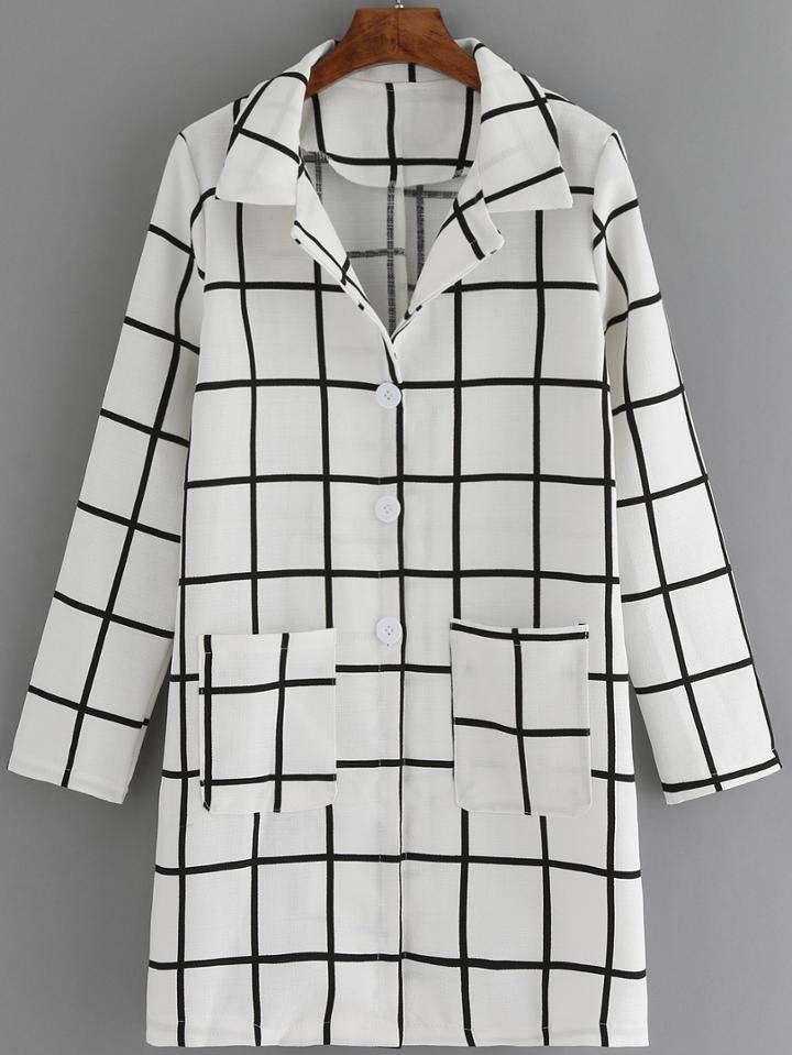 Romwe Lapel Plaid Pockets Long Coat