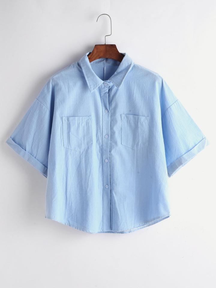 Romwe Blue Drop Shoulder Cuffed Blouse With Pockets