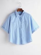 Romwe Blue Drop Shoulder Cuffed Blouse With Pockets