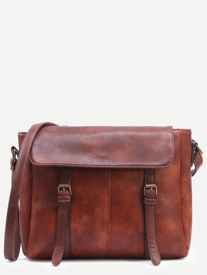 Romwe Camel Dual Buckled Strap Messenger Bag
