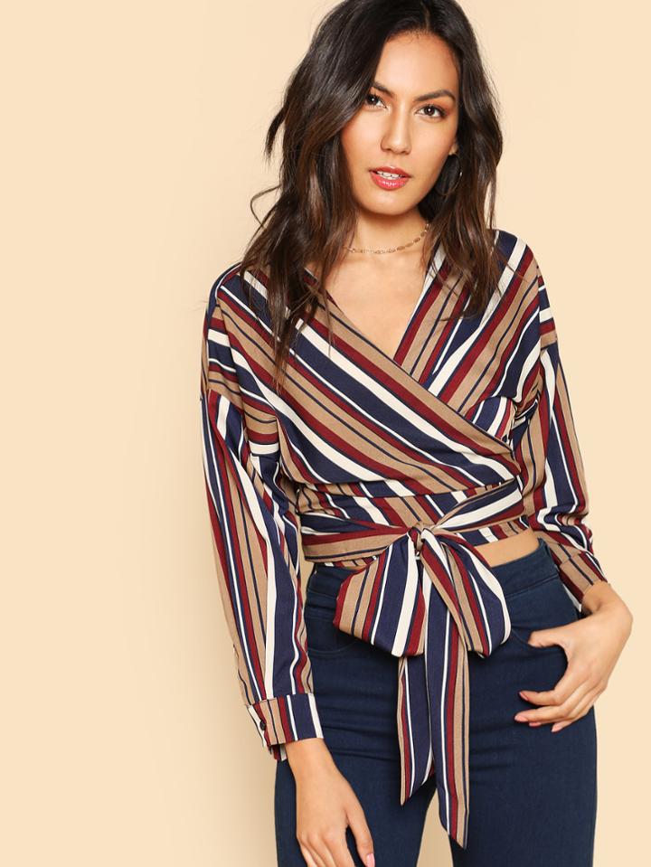 Romwe Self Belted Striped Wrap Top