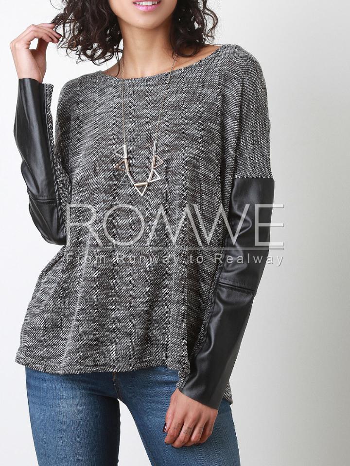 Romwe Grey Round Neck Quilting Pane Colourblock Color Block T-shirt