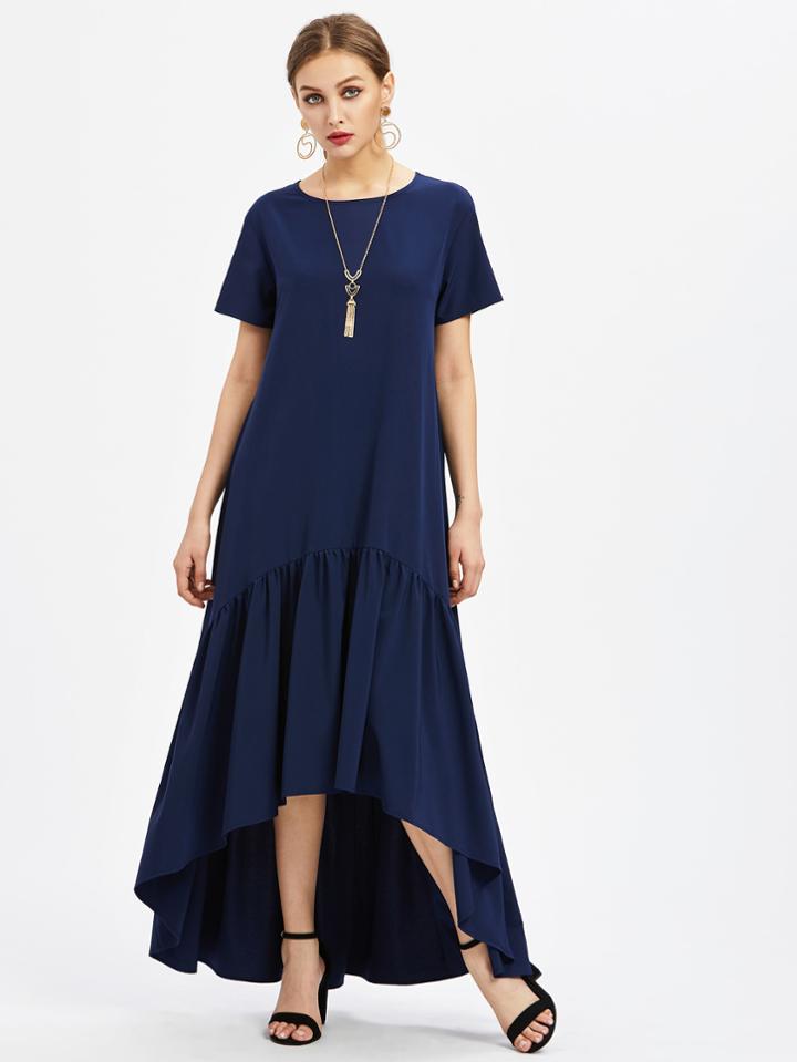 Romwe Flounce Trim Dip Hem Dress