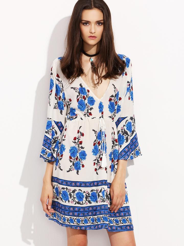 Romwe Blue Flower Print Double V Neck Bell Sleeve Dress