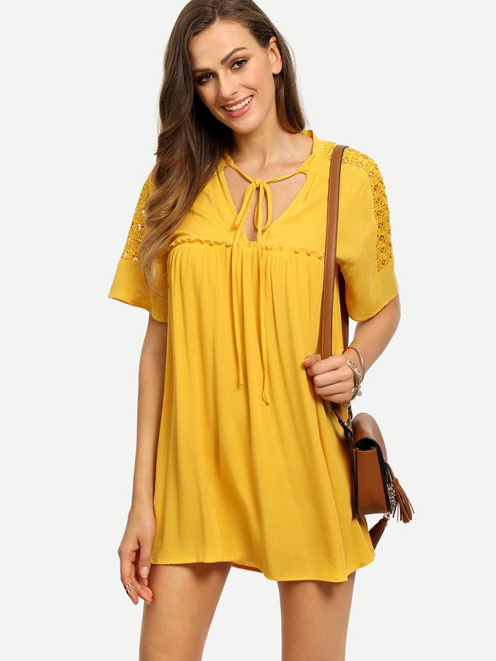 Romwe Deep Yellow Tie Pleated Shift Dress