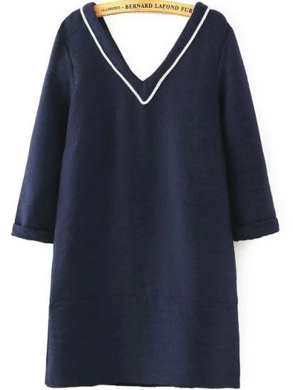 Romwe V Neck Shift Navy Dress