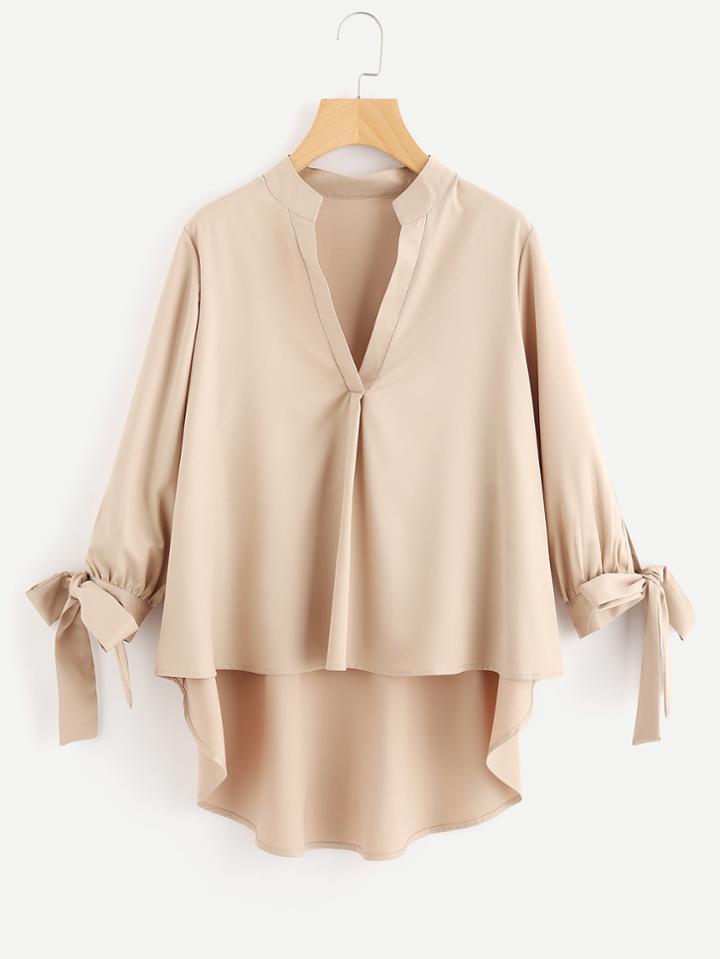 Romwe V-placket Bow Cuff Dip Hem Blouse