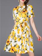 Romwe White Tie Neck Tie-waist Lemons Dress