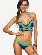 Romwe Color Block Halter Neck Crochet Bikini Set