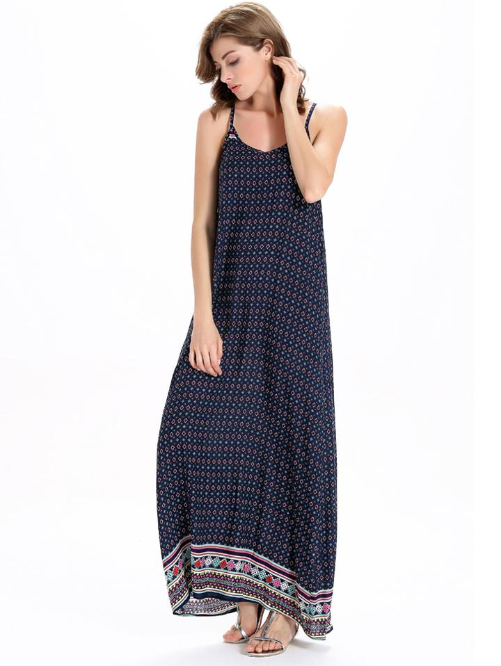 Romwe Navy Tribal Print Racerback Cami Maxi Dress