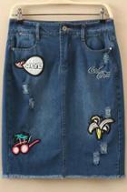 Romwe Embroidered Patch Denim Blue Skirt