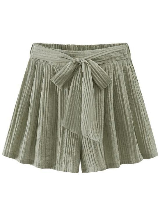 Romwe Olive Green Self Tie Pleated Short