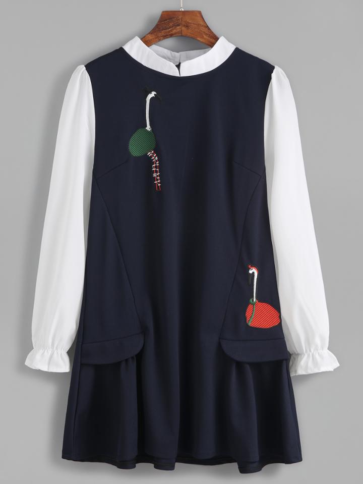 Romwe Contrast Embroidered Zip Back 2 In 1 Dress