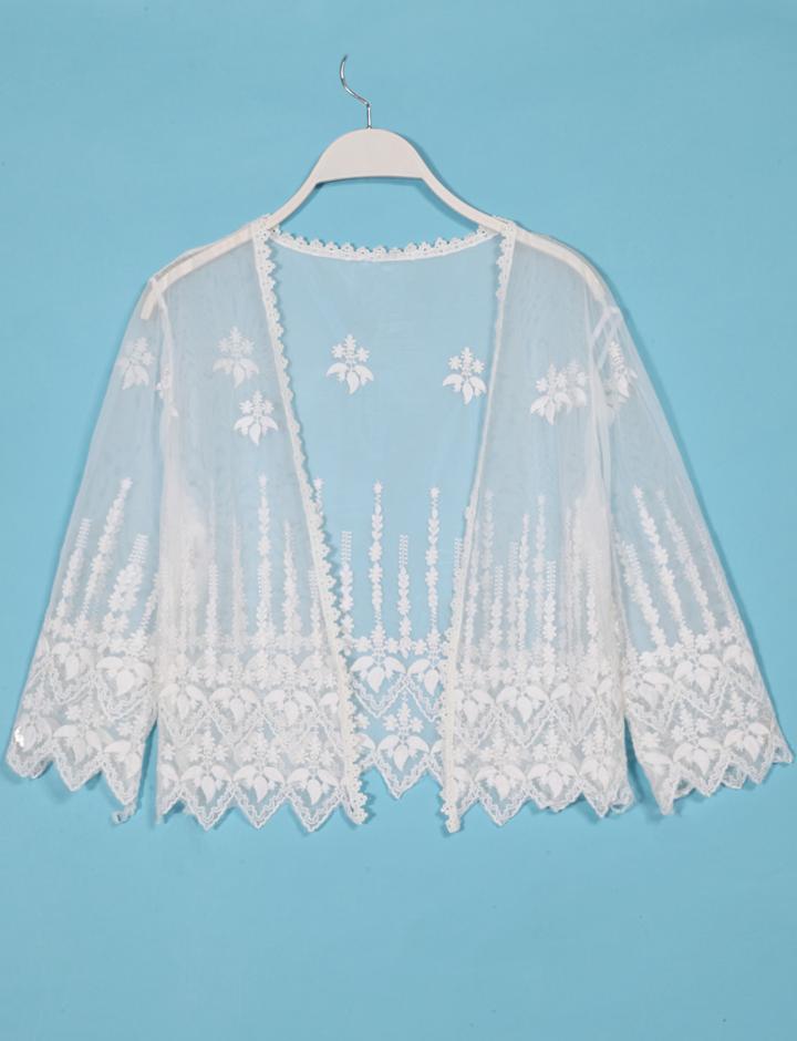 Romwe Embroidery Long Sleeve Lace White Open Top