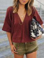 Romwe Red V Neck Loose Crop Blouse