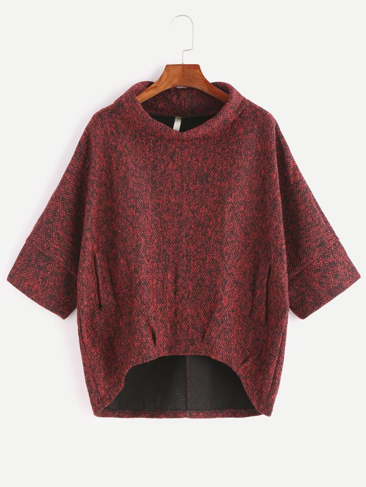 Romwe Burgundy Turtleneck Dip Hem Pockets Sweatshirt