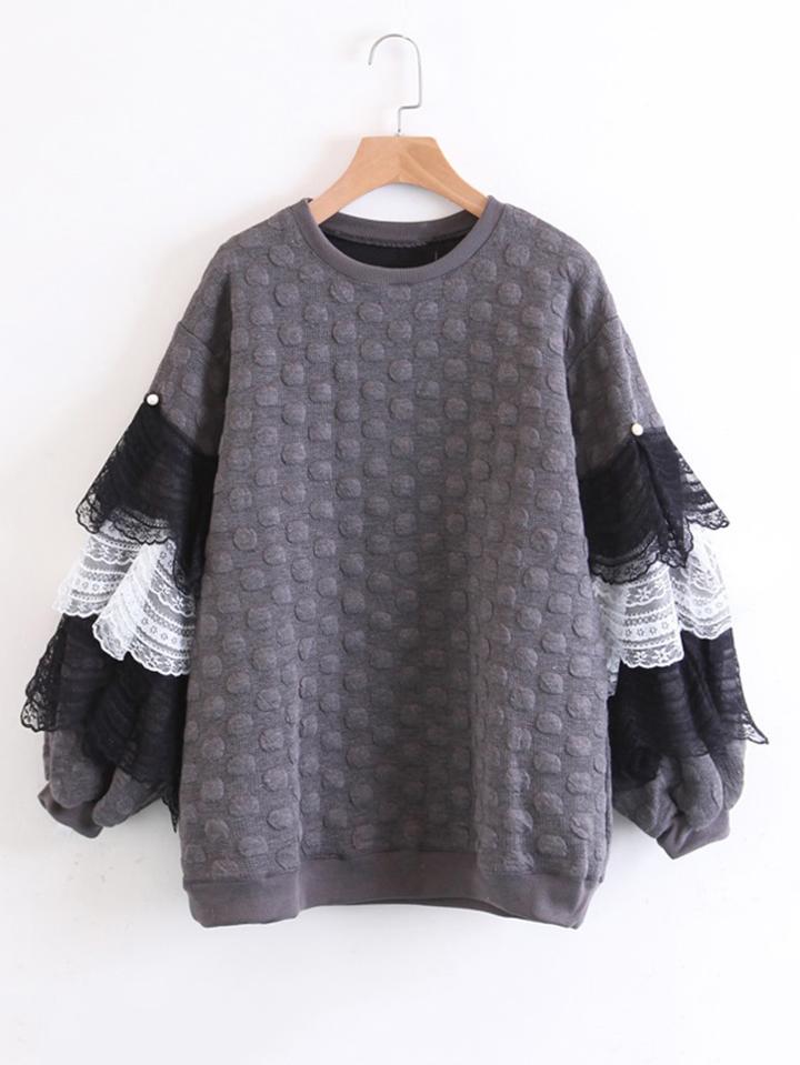 Romwe Layered Lace Insert Sleeve Dot Textured Sweatshirt