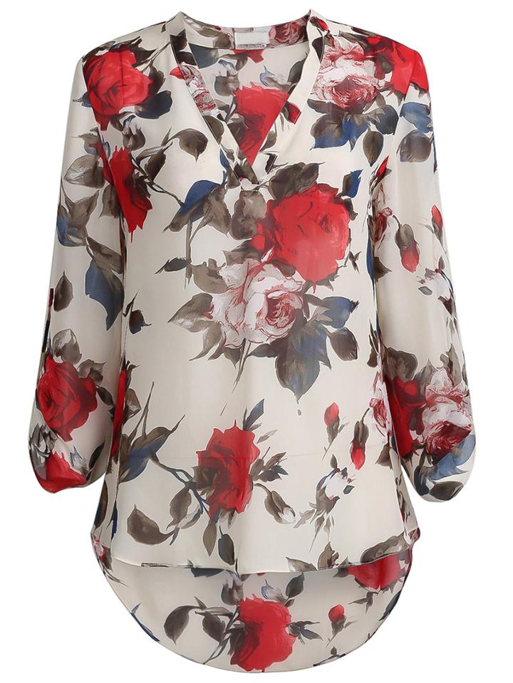 Romwe Apricot Floral Print Long Sleeve Blouse