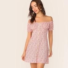Romwe Bardot Frill Trim Buttoned Ditsy Floral Dress