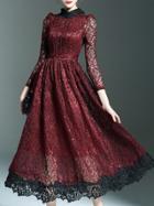 Romwe Burgundy Crochet Hollow Out Midi Lace Dress