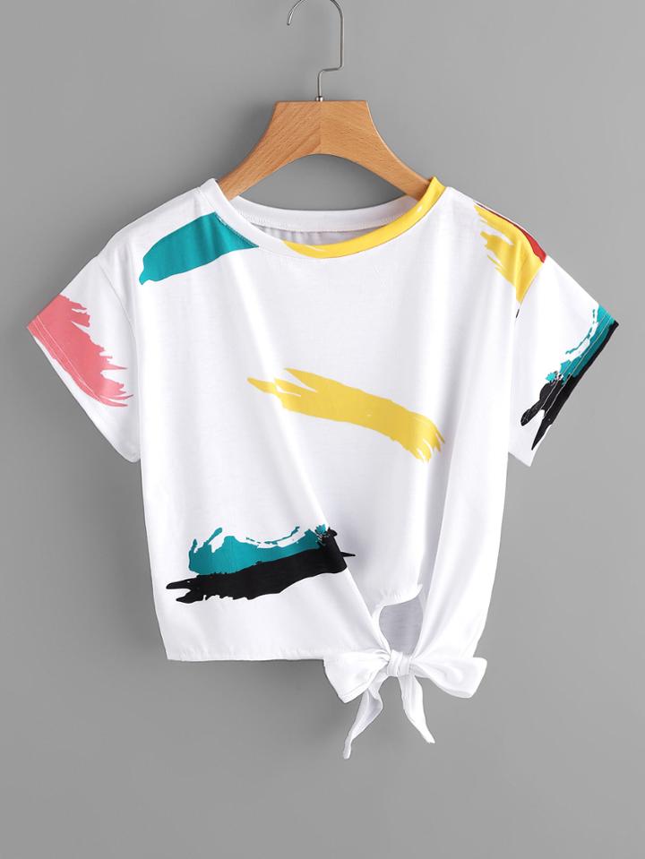 Romwe Graffiti Print Knot Side Tee