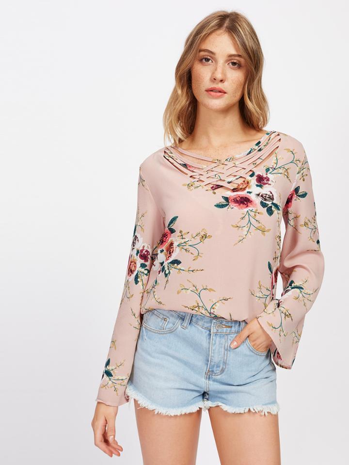 Romwe Ditsy Print Criss Cross Bell Sleeve Blouse