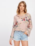 Romwe Ditsy Print Criss Cross Bell Sleeve Blouse