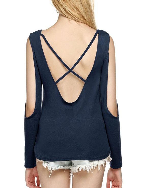 Romwe Open Shoulder Crisscross Back Top - Blue