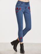 Romwe Floral Embroidered Crop Skinny Jeans