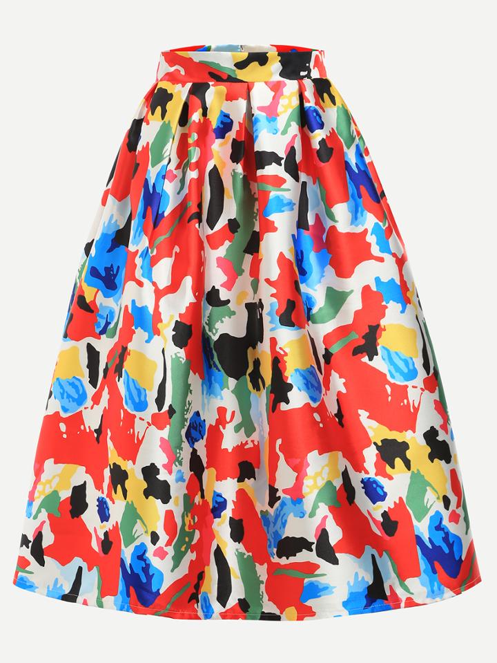 Romwe Multicolor Camo Print Box Pleated Skirt