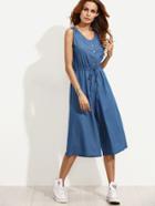 Romwe Blue Button Front Drawstring Wide Leg Denim Jumpsuit