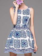 Romwe White And Blue Porcelain Round Neck Sleeveless Jacquard Dress