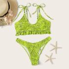 Romwe Neon Green Dot Print Ruffle Top With High Cut Bikini