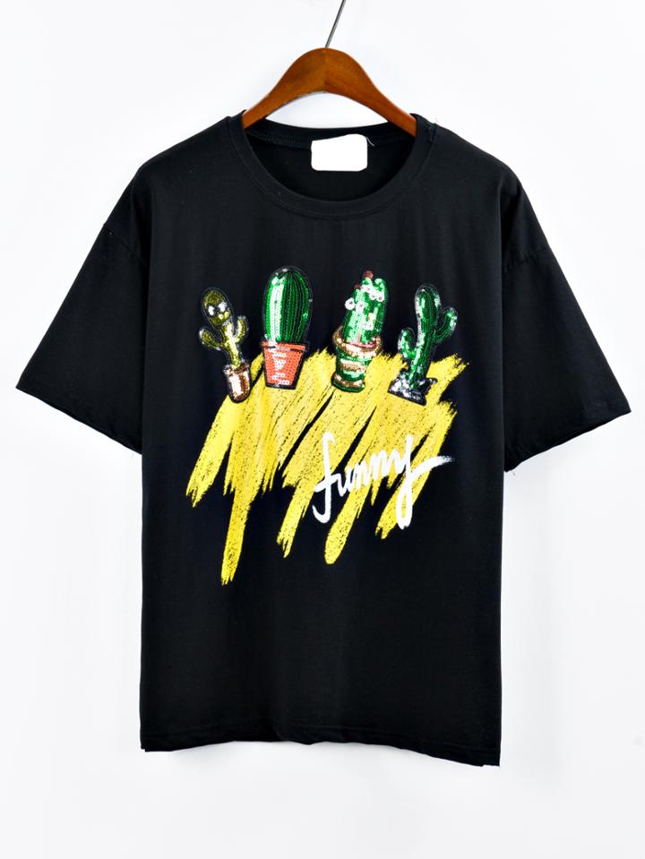Romwe Sequin Cactus Drop Shoulder T-shirt - Black