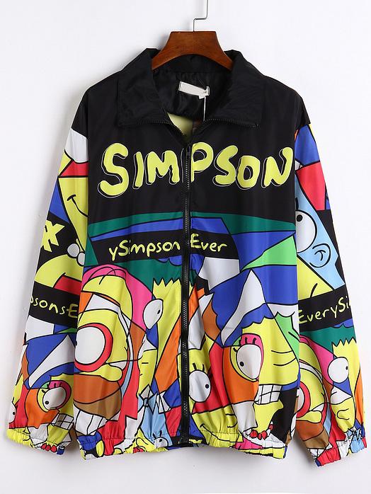 Romwe Multicolor Lapel Simpson Print Zipper Coat